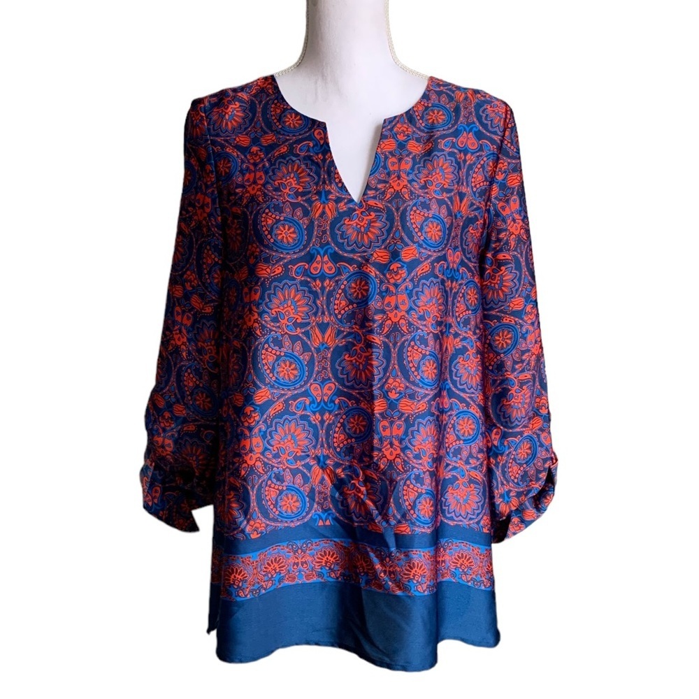 Ann Taylor Blue Paisley Tunic Peasant Roll Tab Sleeve Size small